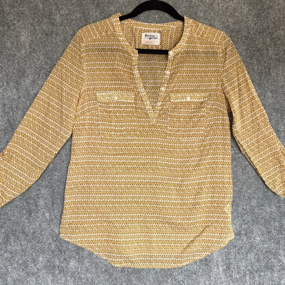 Holding Horses Anthro Blouse Women 6 Mustard Gold Sheer Cotton Boho Roll Tab